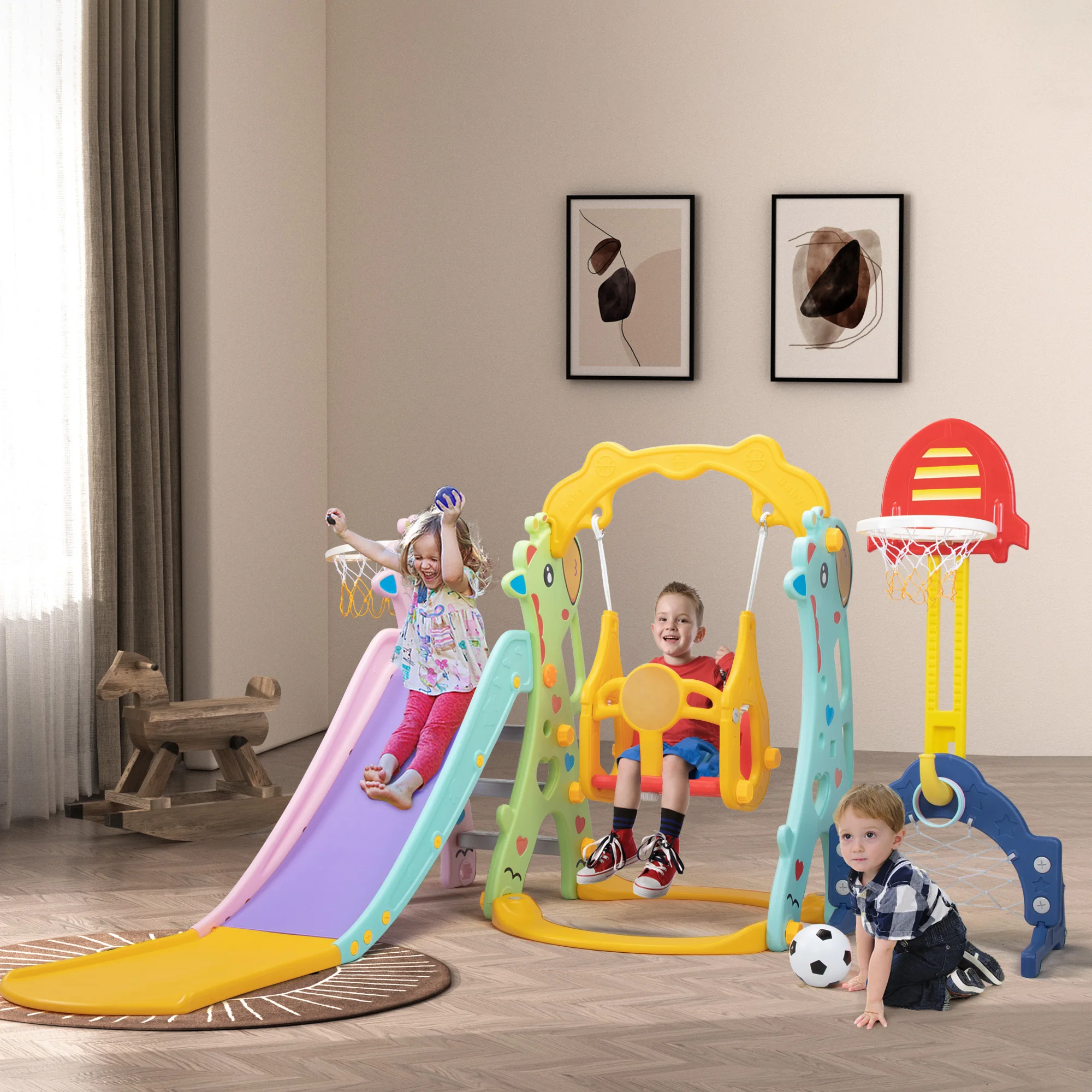 5 in 1 Slide and Swing Playing Set, Toddler Extra-Long Slide with 2 Basketball Hoops, Football, Ringtoss, Indoor Outdoor