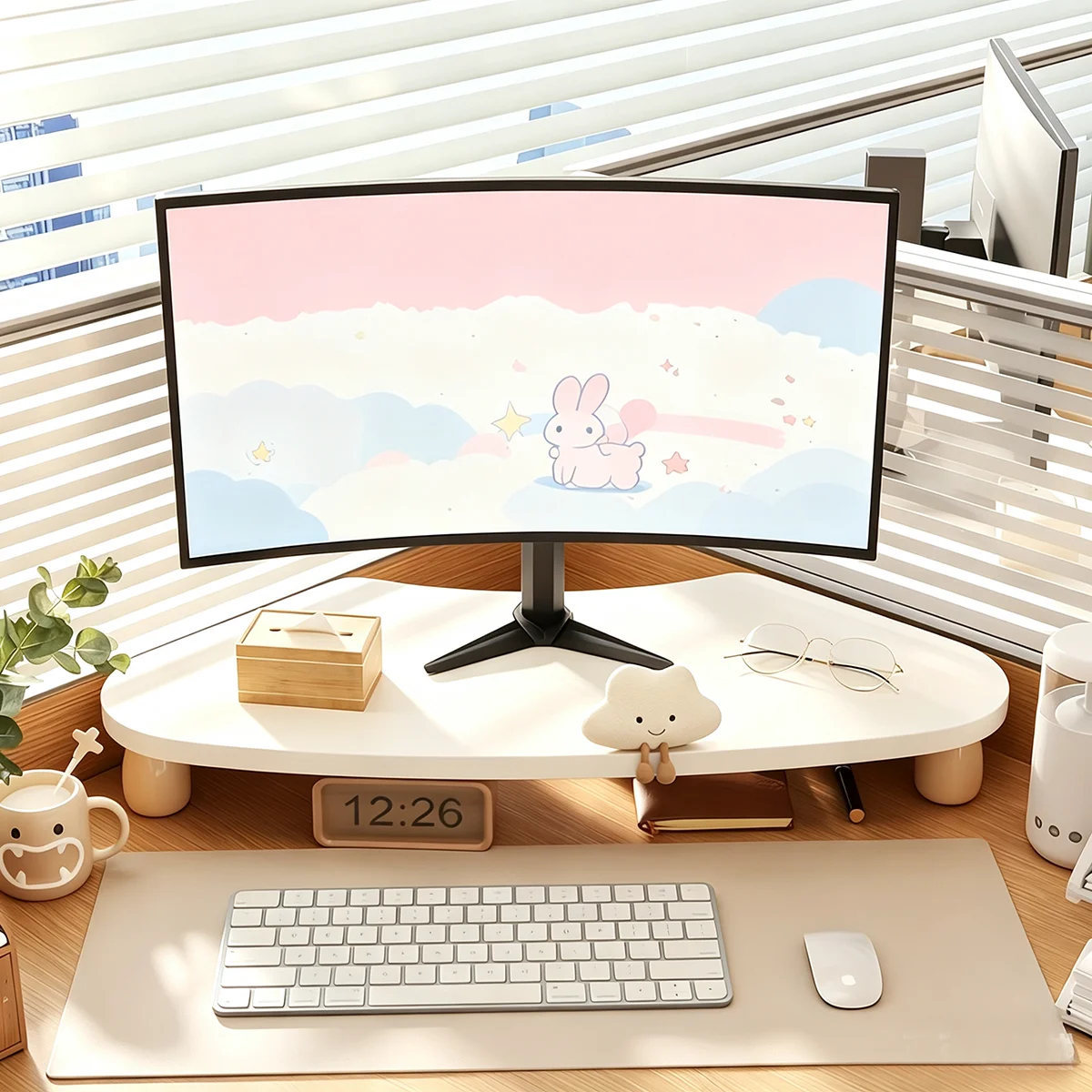 Corner Desk Monitor Riser, Fan-shaped design fits desk corners perfectly to save desktop space, ideal for office desks.
