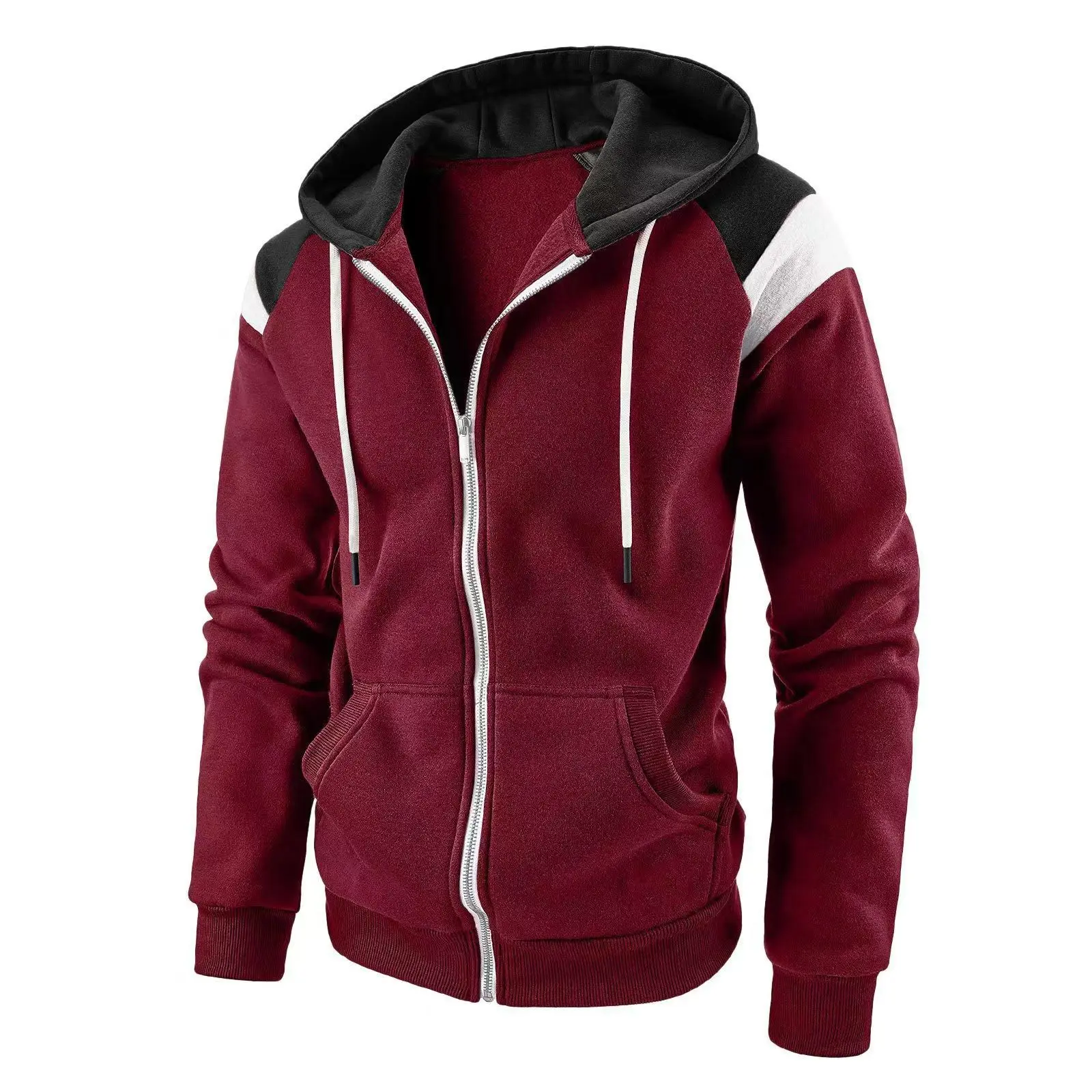 2024 New men\'s autumn and winter fashion color blocking zippered cardigan hoodie men\'s casual warm hooded jacket