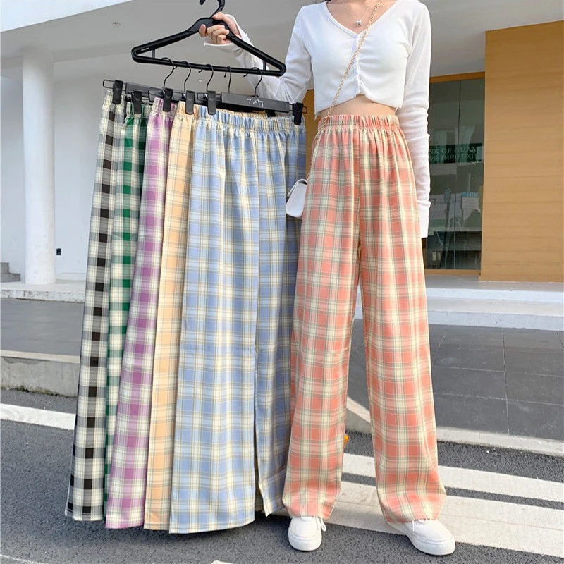 

Spring Retro High-Waist Color Checkered Casual Pants Straight-Leg Loose Plaid Wide-Leg Wholesale