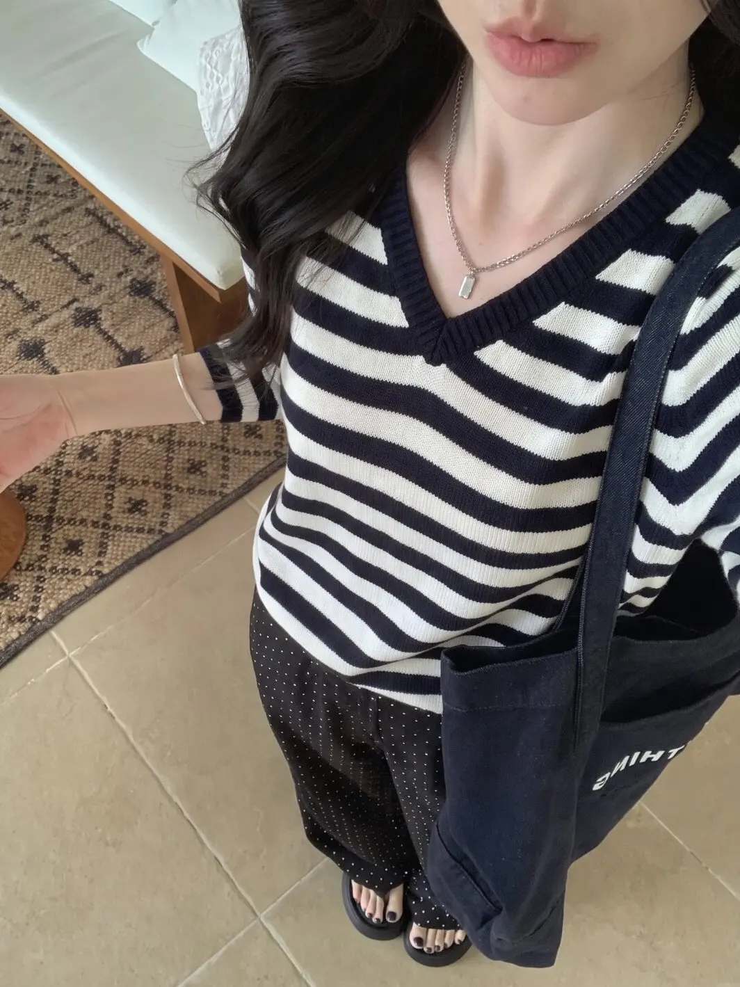 FEMALEPILOT Casual Contrast Color Stripe V-Neck Knitwear Long Sleeve Slim Fit Overhead Sweater Blue White Stripes Autumn Slim...