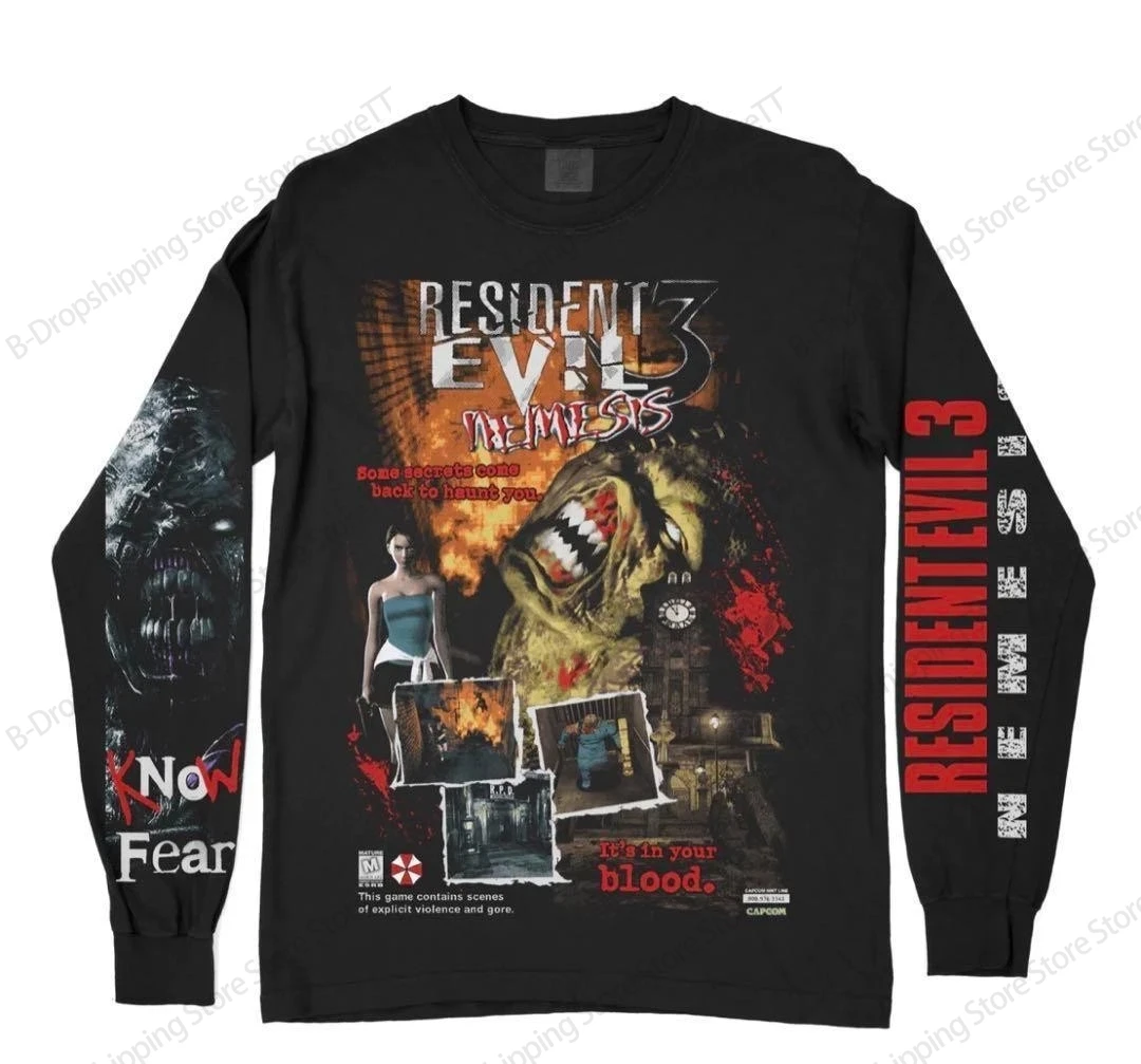 Camiseta de manga larga Resident Evil para hombre, camiseta con estampado 3D de juego Vintage, camisetas deportivas con cuello redondo a la moda para hombre y mujer, ropa nueva