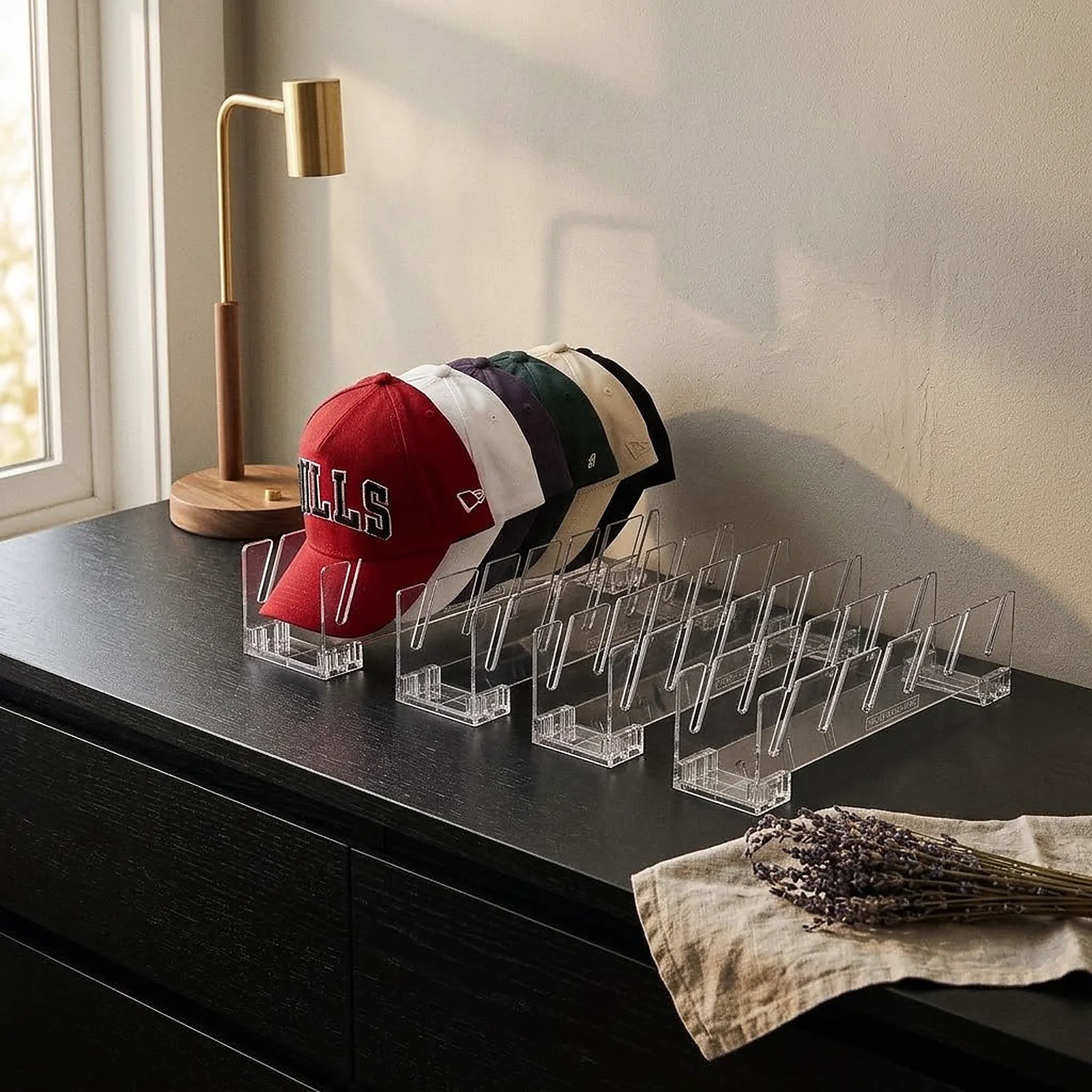 Zoyiancy 4 Pack Clear Hat Organizer for Baseball Caps, Angled Slots Low Profile Closet Display Stands, Acrylic Cap Storage Racks for Shelf