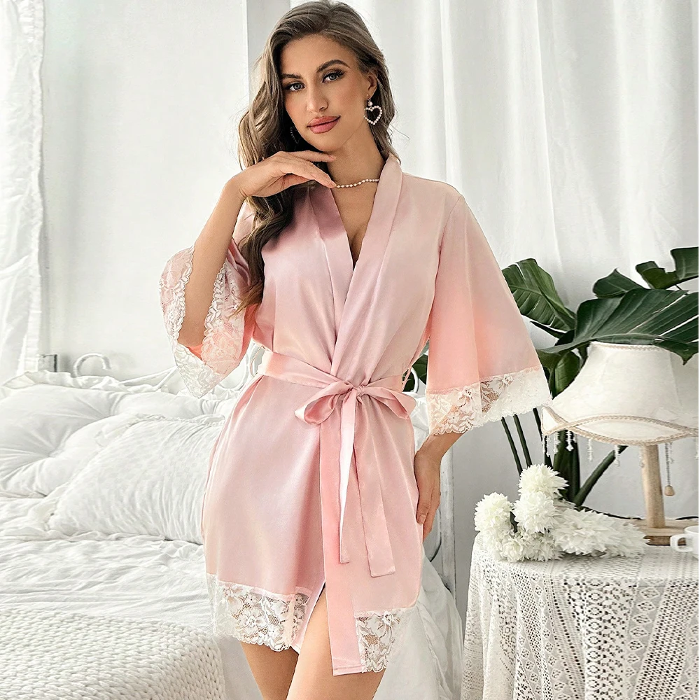 1 Piece Women\'s Underwear Glossy Robe Pajamas Satin Chemise Lingerie Nightgown Homewear Fashion Trend Lace Splicing Nightrobe