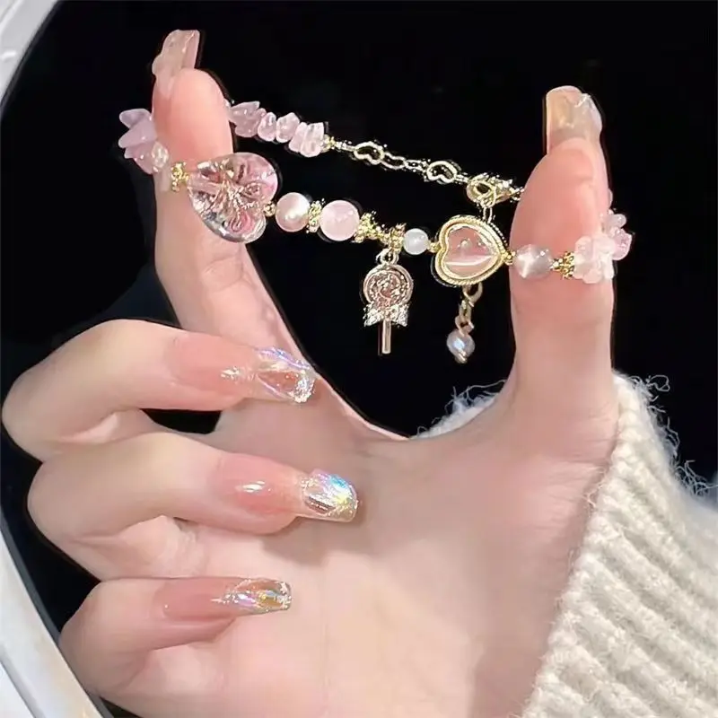 Sparking Pink Zircon lollipop Bracelet for Women Fashion Love Heart Beads Hand Chain for Girls Friendship Gift Y2k Accessories