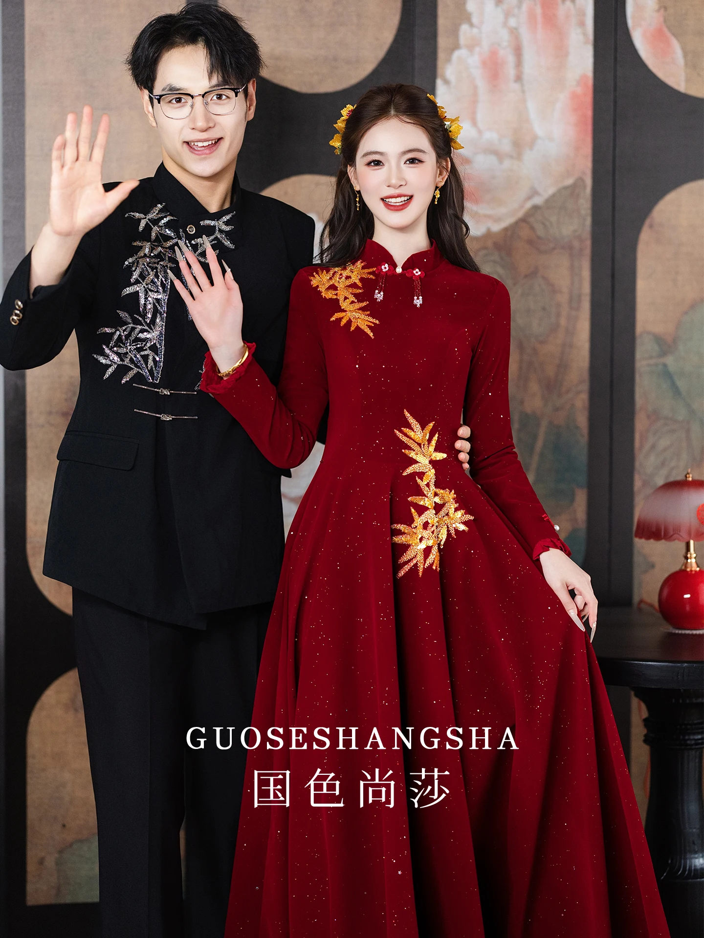 

Новое свадебное платье в китайском стиле с длинными рукавами, красное ципао, вечернее платье для помолвки и свадьбы, высококачественное, из поливолокна.