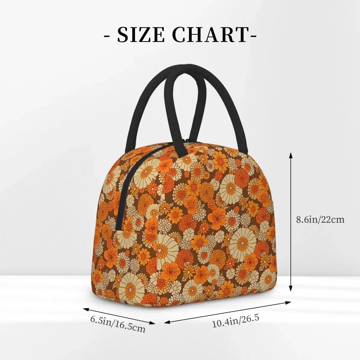 70s Retro Daisies Vintage Flower Power Orange And Brown Boho Insulated Lunch Bag for Women Kids Thermal Lunch Box Tote