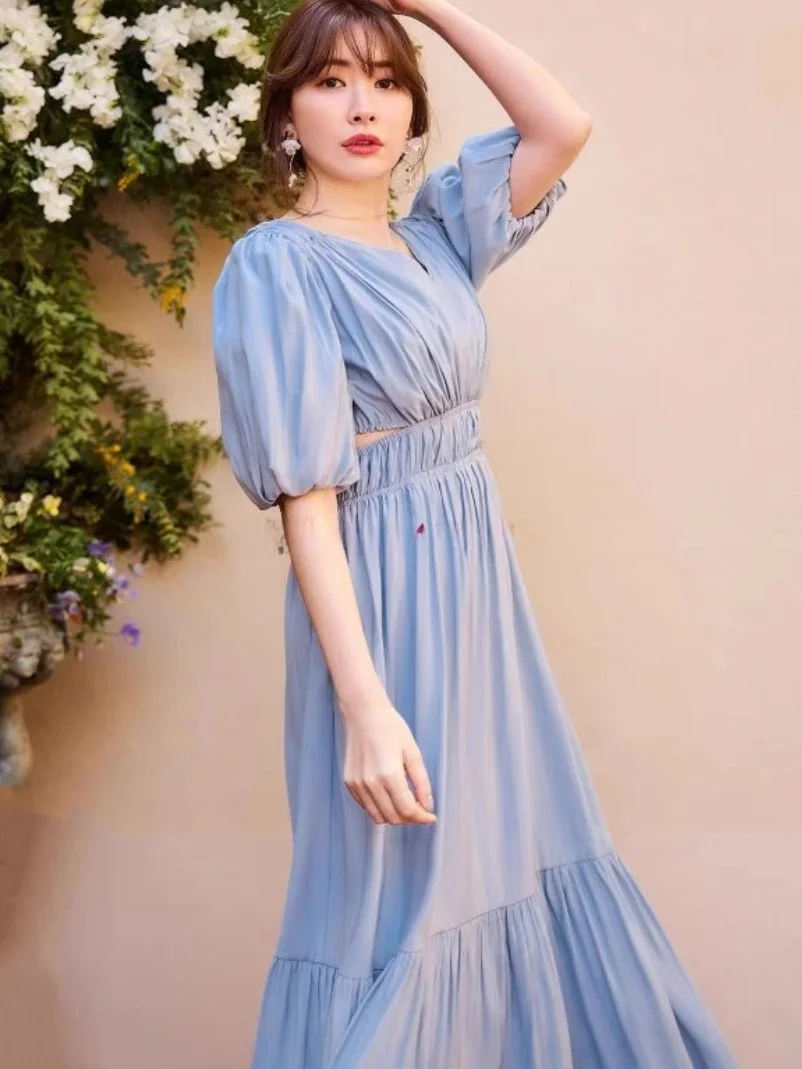 

Элегантное однотонное платье с рукавами-фонариками и V-образным вырезом, универсальная юбка-миди А-силуэта с завышенной талией, из полиэстера, с коротким рукавом, весна-осень