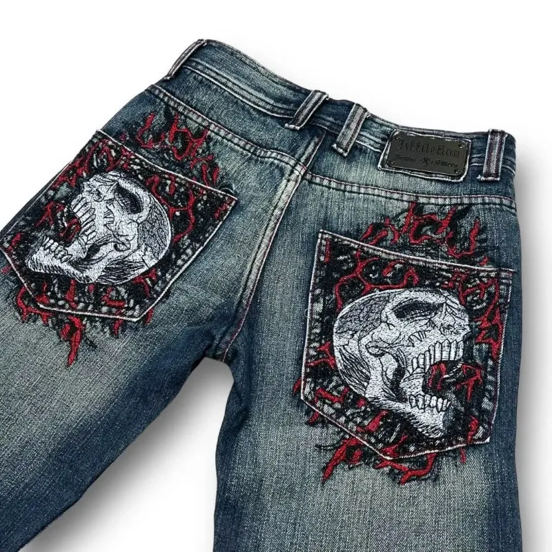 Y2K Fashion New Hiphop Skull Graphic Embroidery Blue Retro Jeans Streetwear Men And Women Popular Harajuku Gothic Wide-leg Pants