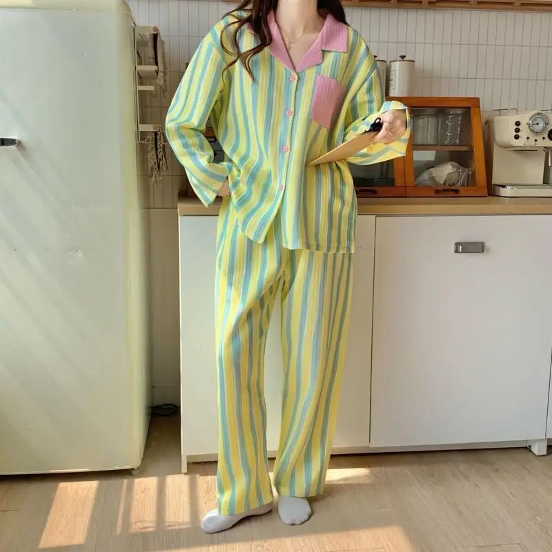 

Новый толстый и теплый домашний костюм из двух предметов в корейском стиле, полосатая хлопковая одежда для сна, женский осенне-зимний комплект для йоги с алоэ