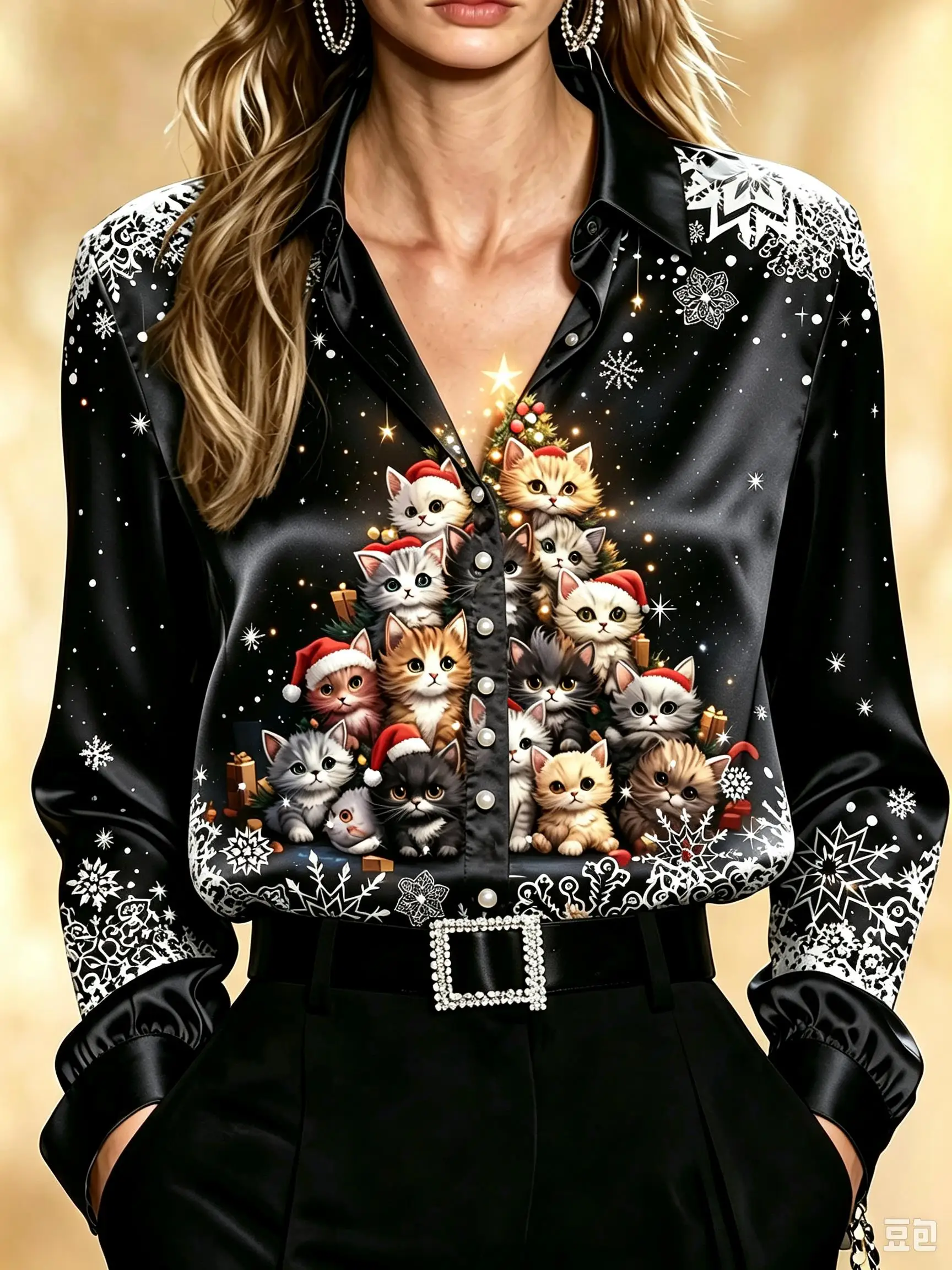 Women Collared Long Sleeve Satin Blouse Christmas Cat Reindeer Snowflake Light Gift Print Party Shirt
