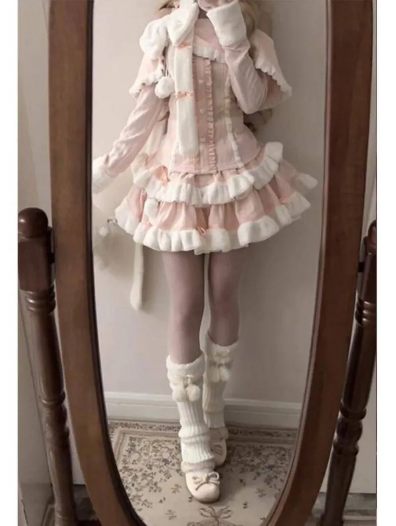 Winter Christmas Pink Bow Skirt Sets Sweet Girl Cute Slimming Top+Cake Skirt Two Piece Sets Kawaii Girls New Clothes