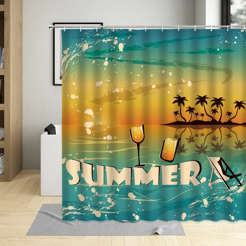 Vintage Summer Beach Landscape Shower Curtains Sea Palm Tree Travel Illustration Bathroom Waterproof Curtain With Hook Polyester