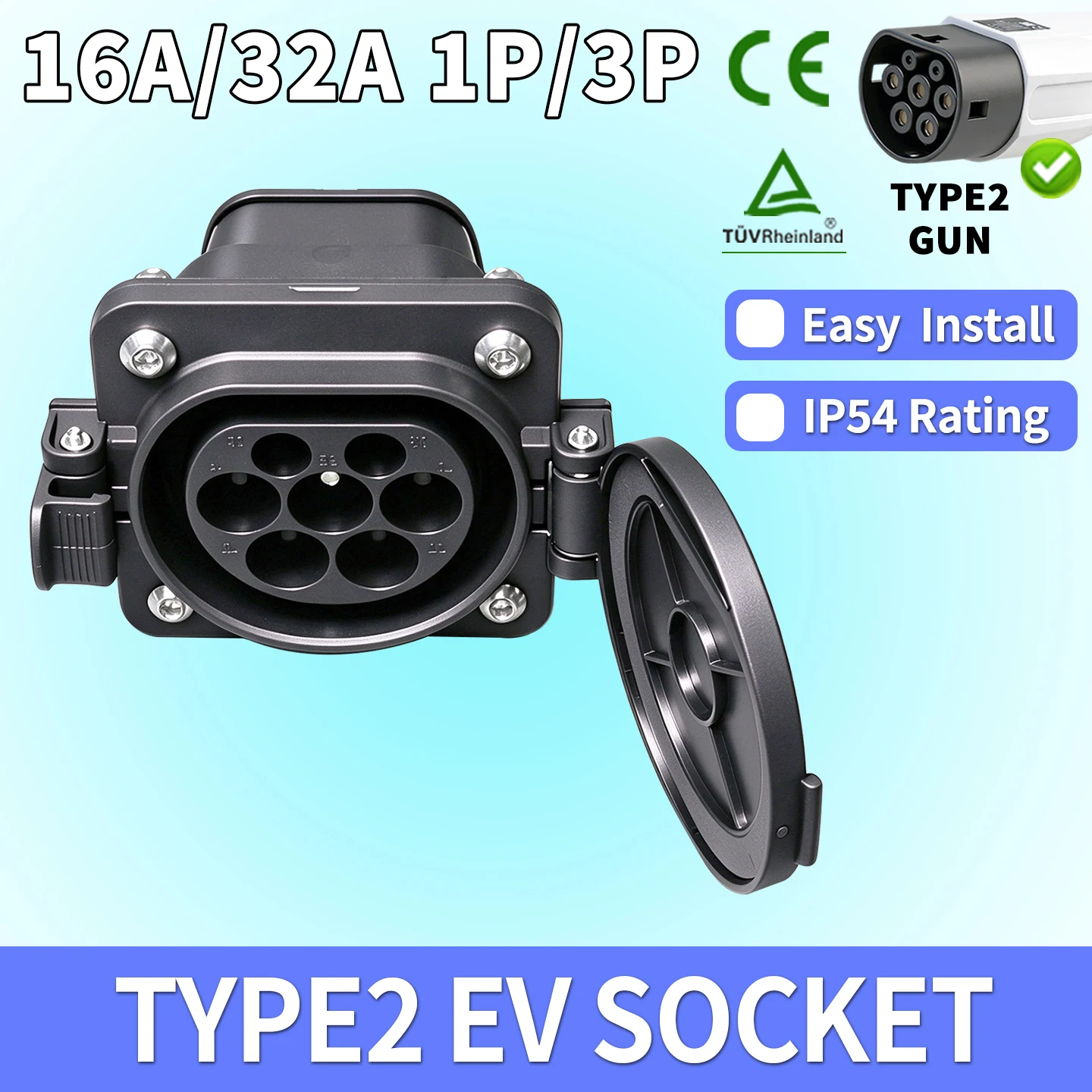 WEISHUN Type 2 EV Charger Socket IEC 62196 16A/32A 1P/3P Male EVSE for Electric Vehicle Car Side Charging