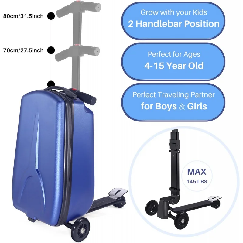 Scooter Luggage Carry On Scooter Suitcase for Kids Age 4-15, Detachable & Foldable 4 in 1 Kids Suitcase, Multifunctional Ride