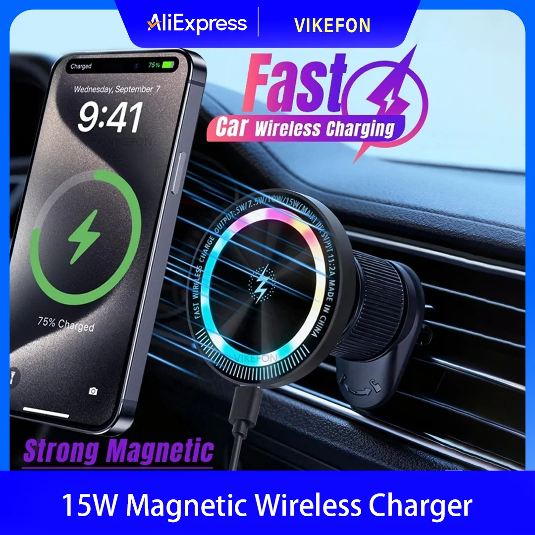 

Магнитное беспроводное зарядное устройство с RGB-подсветкой, 15 Вт, 360° ° Поворотный держатель для телефона-подставка для Magsafe iPhone 17 ~ 12 Samsung Xiaomi с быстрой зарядкой