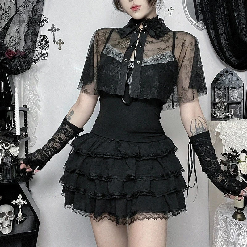 Goth Dark Mall Gothic Women 2 Piece Sets Harajuku Fashion Thin Lace Bandage Cloak Crop Tops with Slim Straps Camis Alt Clothing
