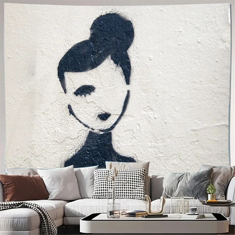 Abstract Black and White Woman Portrait on Textured Wall Tapestry Machine Washable All Season Decor Home Elevate Your Space