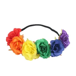 The new Rainbow Color headband simulation rose flower elastic headband pride moon party holiday garland headdress