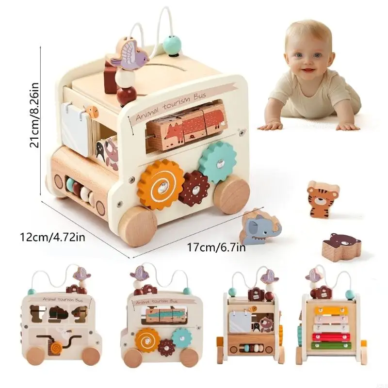 木製学習おもちゃバスアクティビティキューブおもちゃ子供のためのインタラクティブなゲームと安全な遊びを奨励細かい運動能力 A2UB