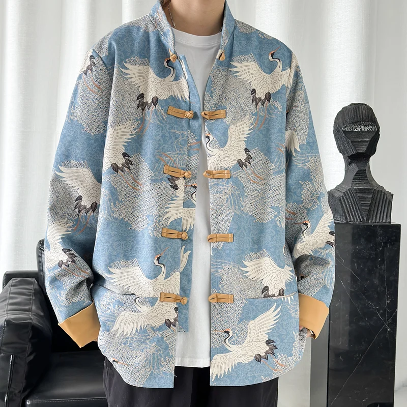 

Retro Artistic Men's Spring Autumn Jaet Deer Skin Velvet New Chinese Tang Costume Crane Print Outerwear Youth Stand Fit