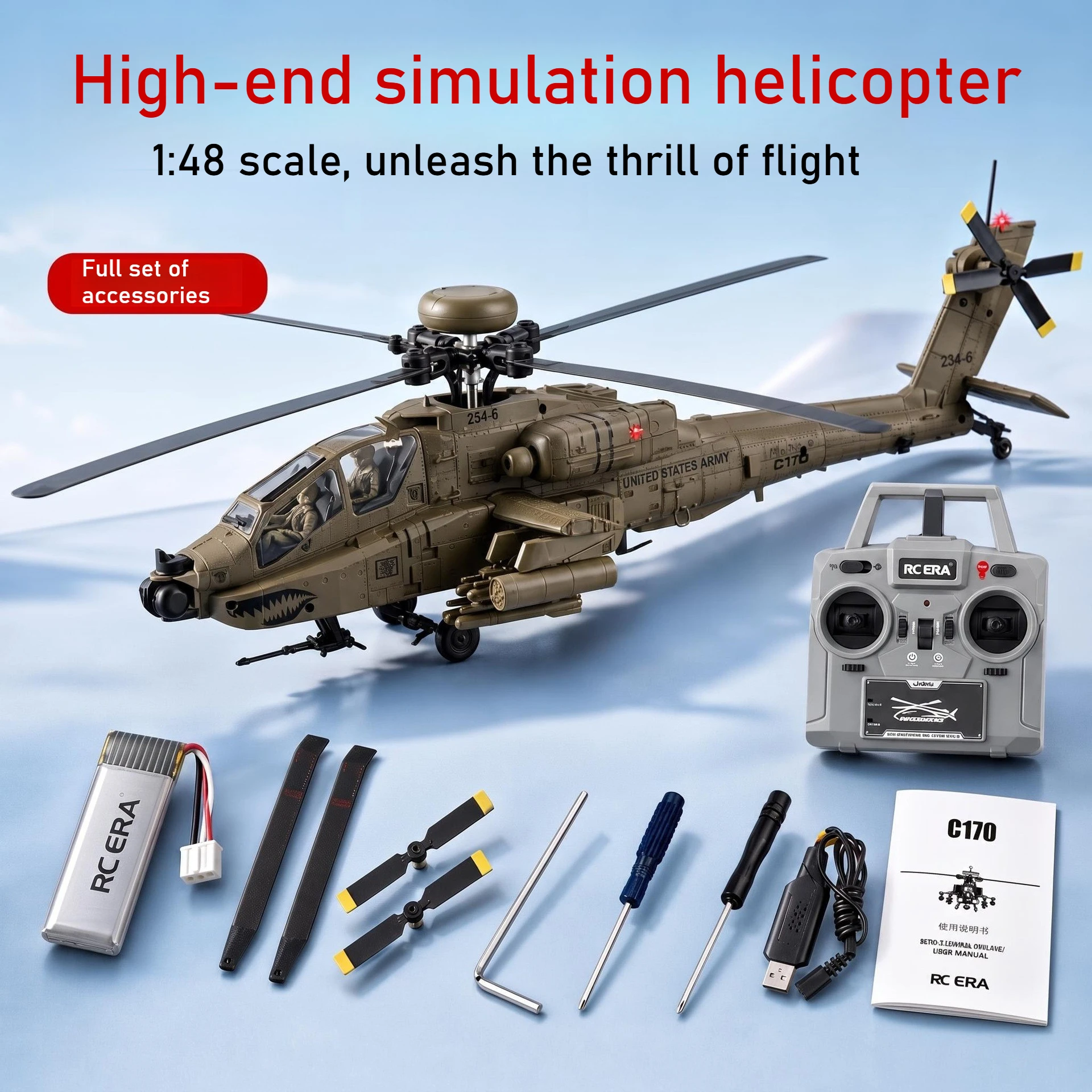 RC ERA C170 2.4G TOF Altitude Hold Military Model Brushless Motor 6CH One Key Inverted Flight 1:48 AH-64D Apache RC Helicopter