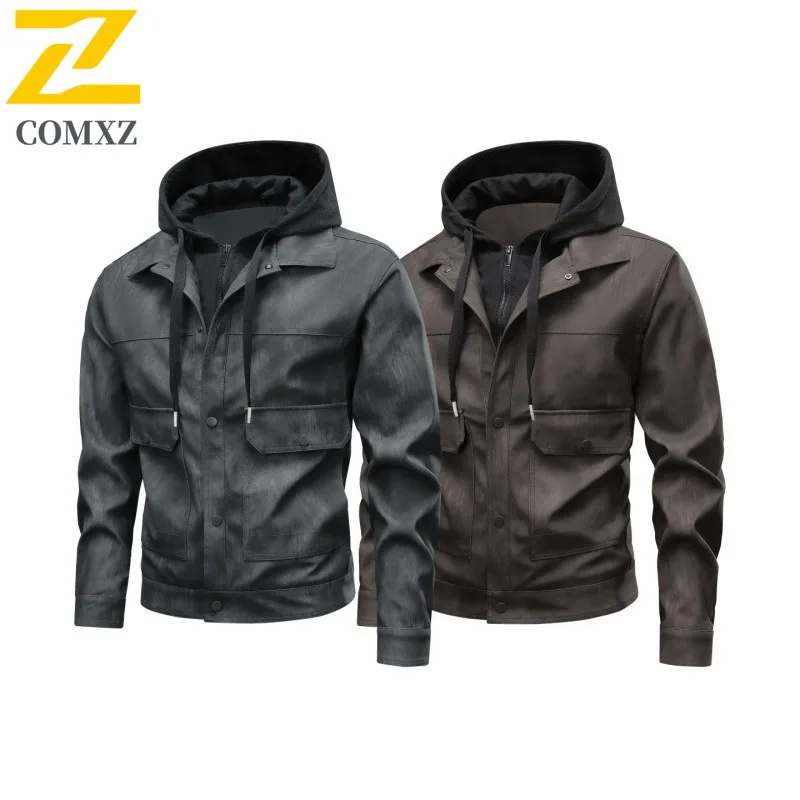 

COMXZ новая мужская куртка в повседневном корейском стиле, модное пальто из двух предметов Bad Boy со съемным капюшоном, весенне-осенняя кожаная одежда