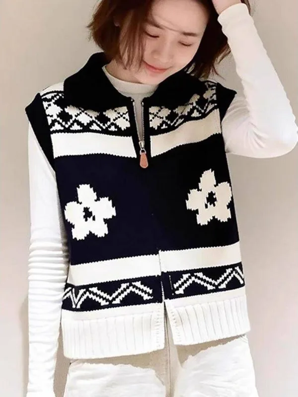 

Женский вязаный шерстяной жилет Goka, весна 2026, ранняя коллекция, с вышивкой на воротнике, верхняя одежда для многослойных образов, теплый, средней плотности, на молнии