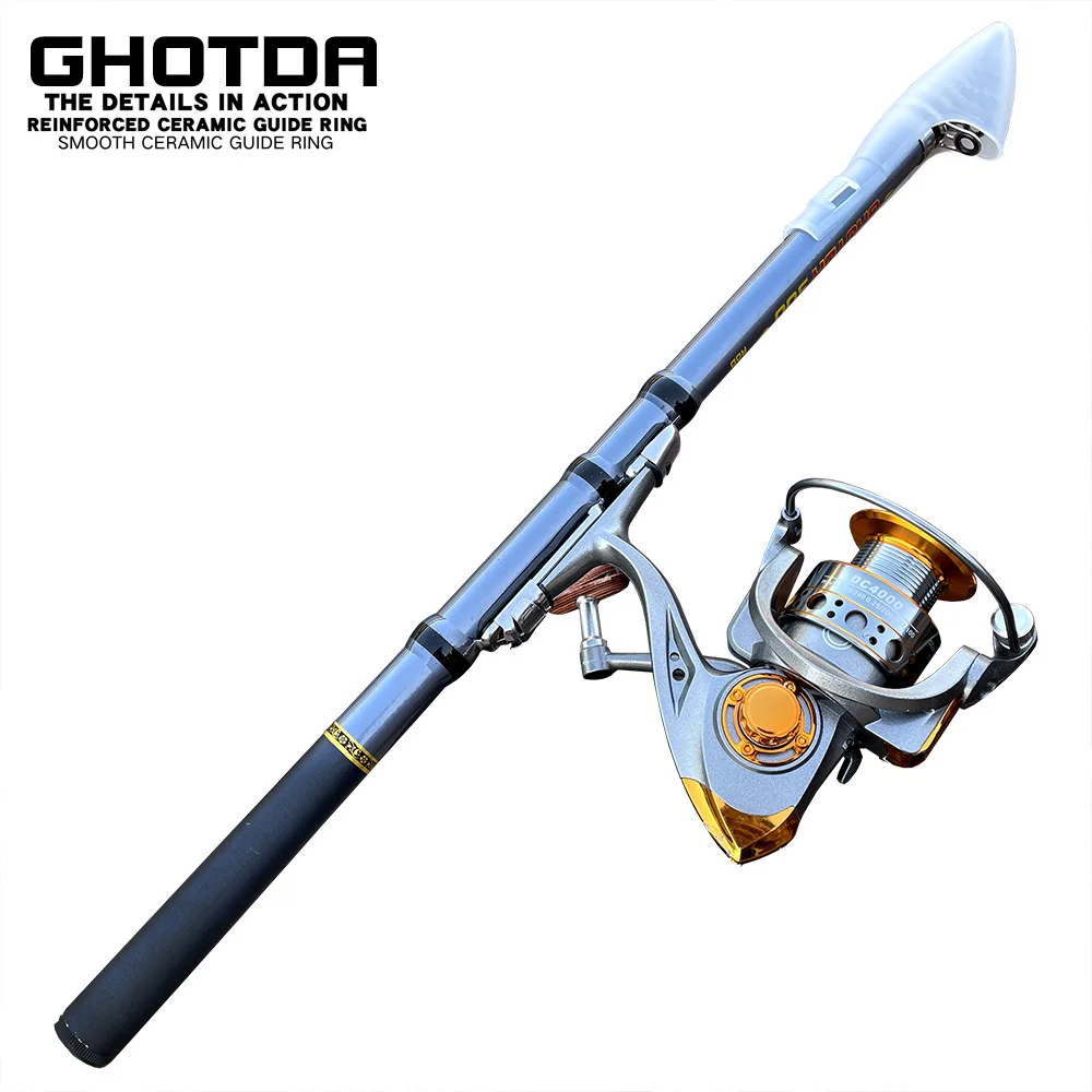 GHOTDA Carbon Fiber Short Telescopic Rock Fishing Rod and Spinning Fishing Reel Combo Full Kit Fishing Tackle Fishing Gear Set