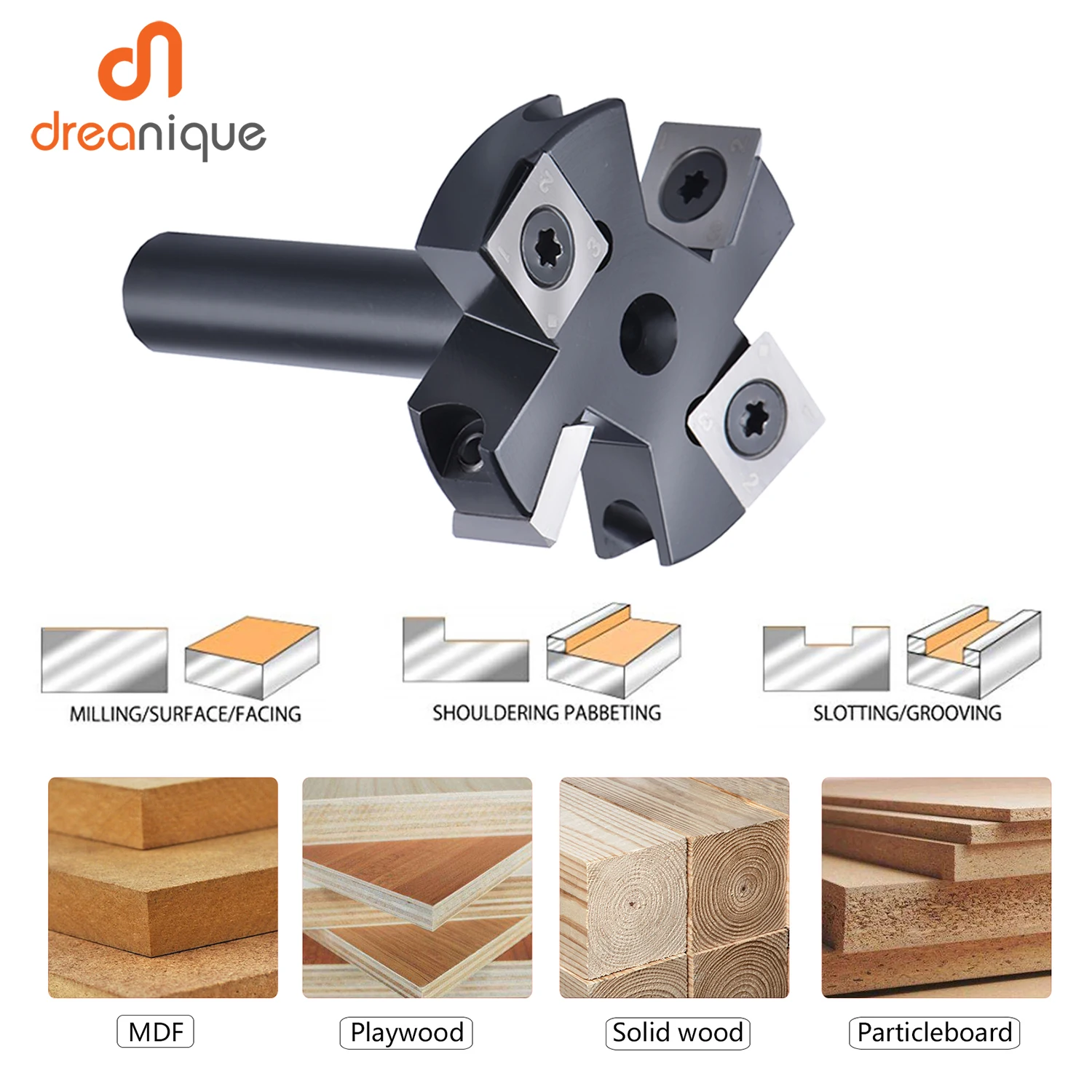 Dreanique 2 Flutes Wood Planer Bit 38mm 45mm Cutting Diameter 8 12mm Shank Spoilboard Surfacing Router Bits Insert Carbide Slab