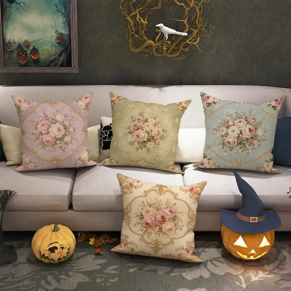 Vintage Floral Frame Decor Cushion Cover Halloween decoration trick or treat cushion cover, ghost, pumpkin head, bat decoration