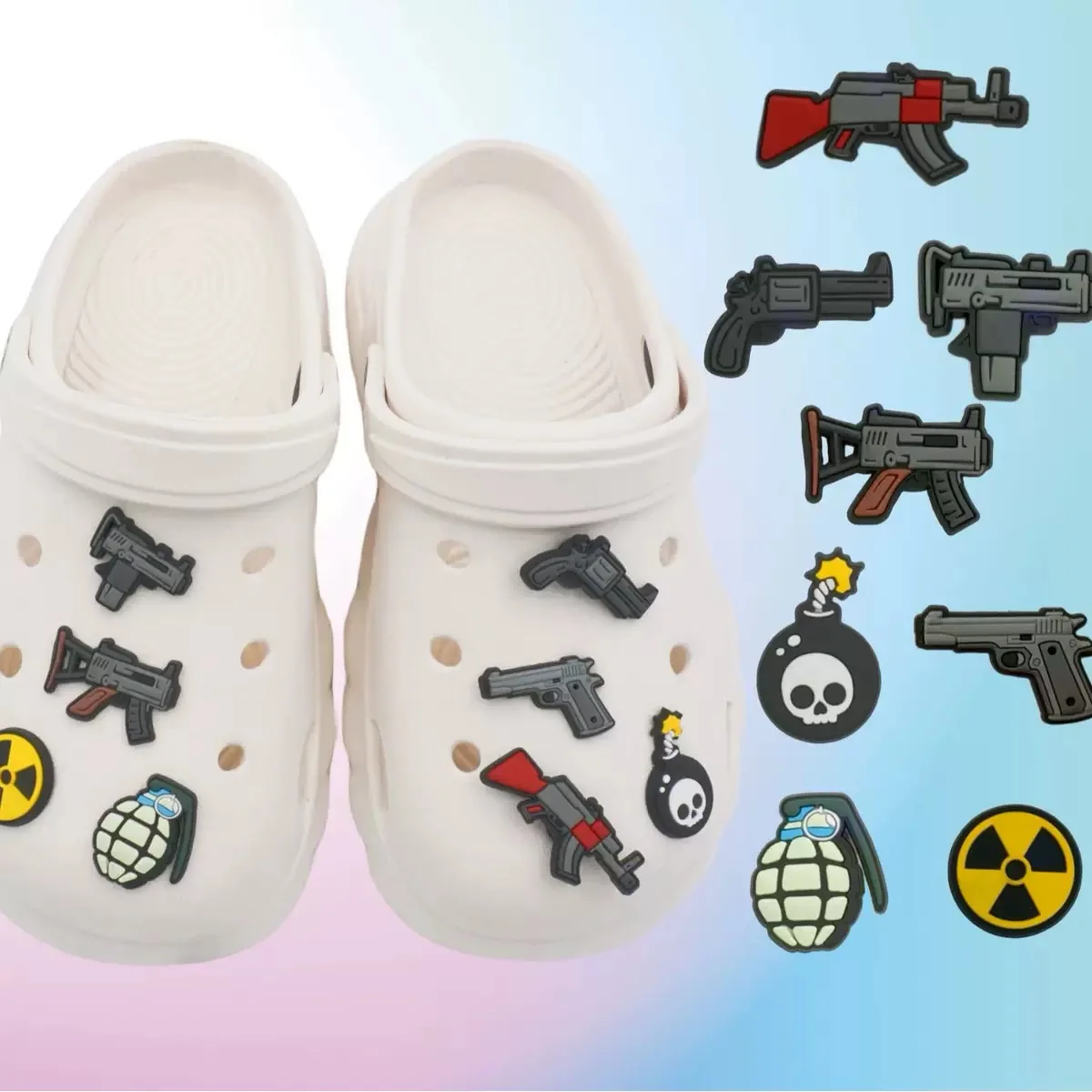 1-8PCS Cartoon Weapons Gun Bomb PVC Shoe Charms Buckle Clog Accessories Hole Slipper Decoration Fit Wristbands Kid Party Gift
