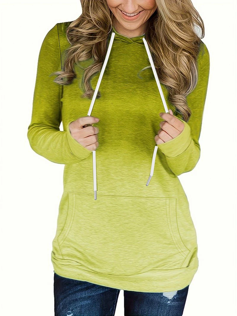 Hooded drawstring hoodie long sleeved loose fitting women's casual pullover top