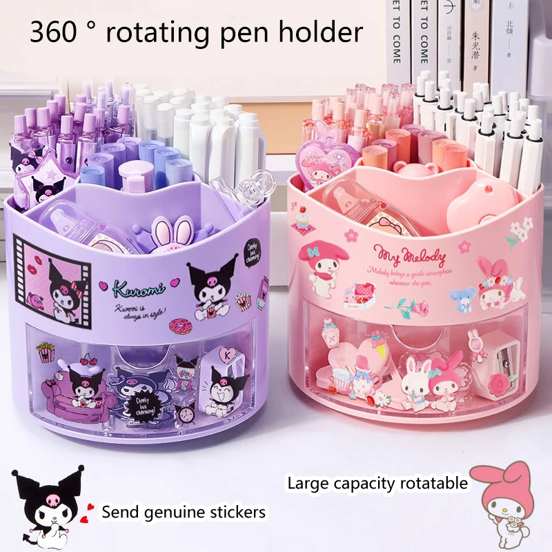 Cute Sanrio Rotating Pen Holder Storage Box Anime Kuromi Cinnamoroll Kawaii Desk Organizer Stickers Stationery Cosmetic Storage