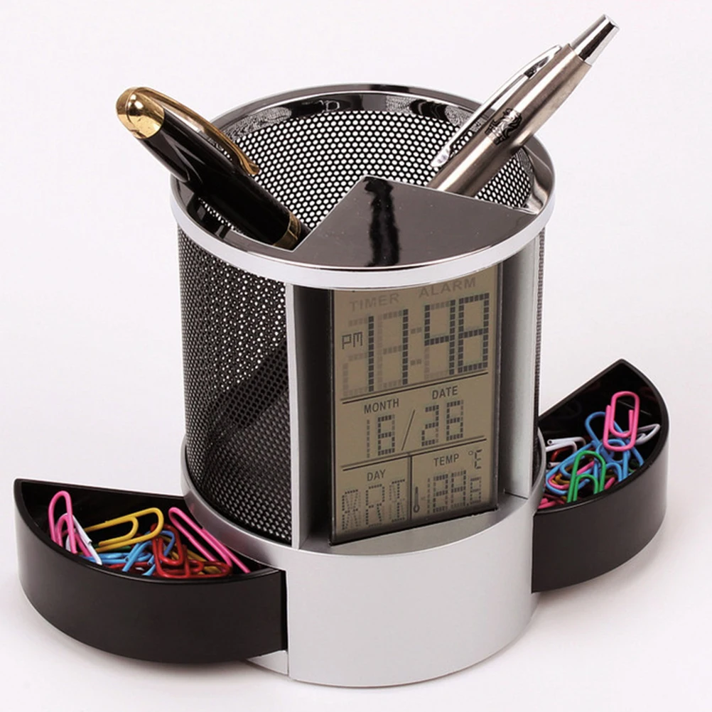 

Stainless Steel Plastic Multifunction Pen Holder Clock With Storage Drawers Pen Organizer For Office Desk Calendar Time Date