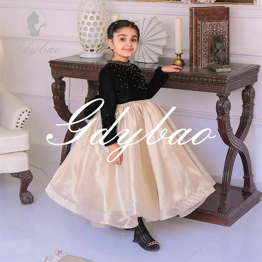 Crystals Simple High Neck Long Sleeve A Line Long Ball Flower Girl Dress Ankle Length Formal First Communion Gown Customized