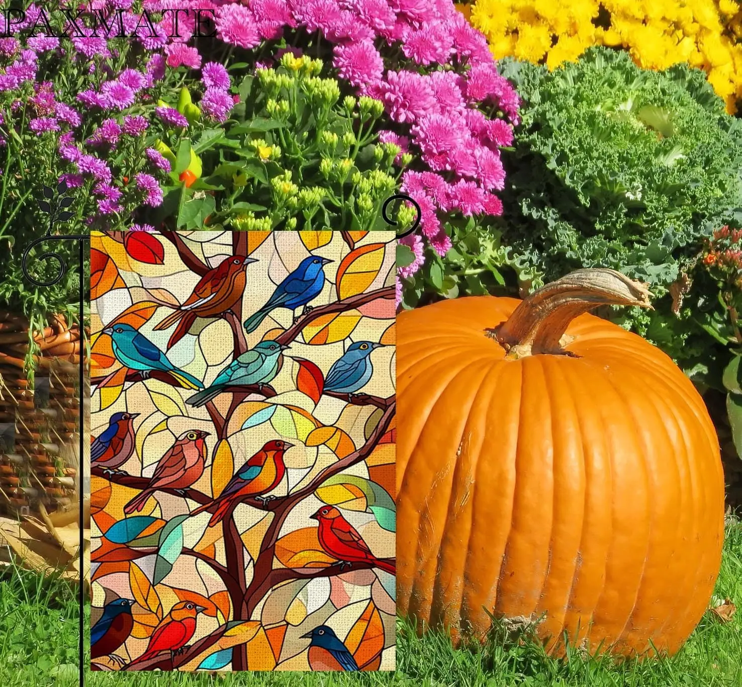 Fall Garden Flag for Outside 12x18 Inch Double Sided, Stained Glass Autumn Maple Tree Birds Yard Flag for Thanksgiving Holid GGX