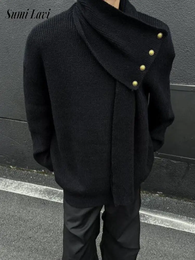 

Модные мужские свитера на пуговицах с высоким воротником, осень-зима, повседневный однотонный свитер нестандартной формы, винтажный мужской облегающий вязаный джемпер