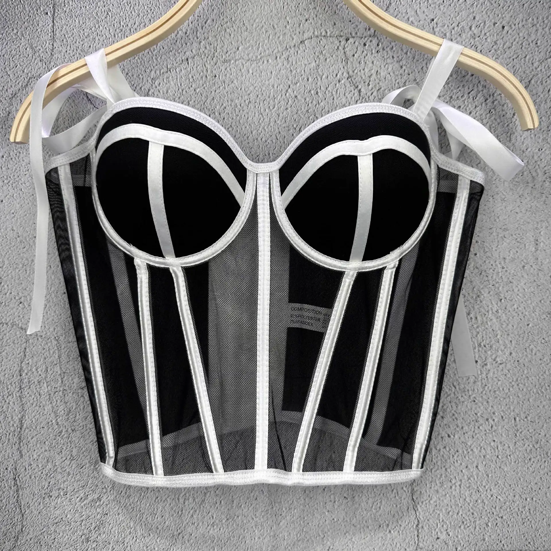 Mesh Transparent Contrasting Lines Women Bustie Sexy Bow Ribbon Ladies Corset Multi Colors Party Blackless Cropped Top Tank Top view 2