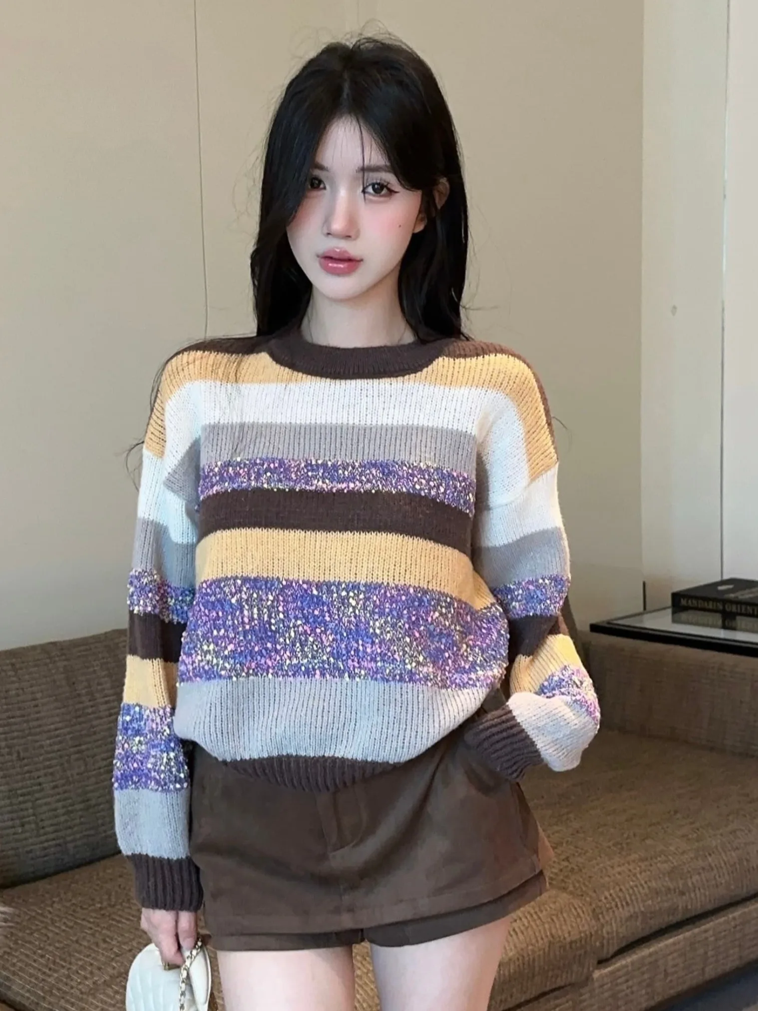 Sweet Retro round Ne Striped Knit Sweater Loose Casual Overhead Trendy Girl's Faion Straight Tube Long Sve Winter Top