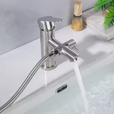 Bathroom Basin Faucet Set Deck Mounted Sink Mixer with Pressurized Shower Head Toilet Bathtub Tap Cold Hot Water Mixing Valve