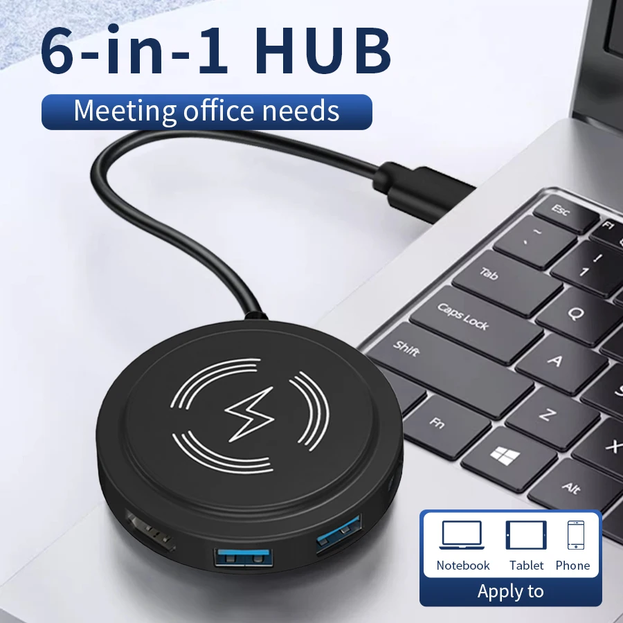 

6-in-1 Docking Station USB-C Hub with 15W Wireless Charger Typce-C Adapter USB 3.0 HDMI 4K PD 100W for Notebook Tablet Phone