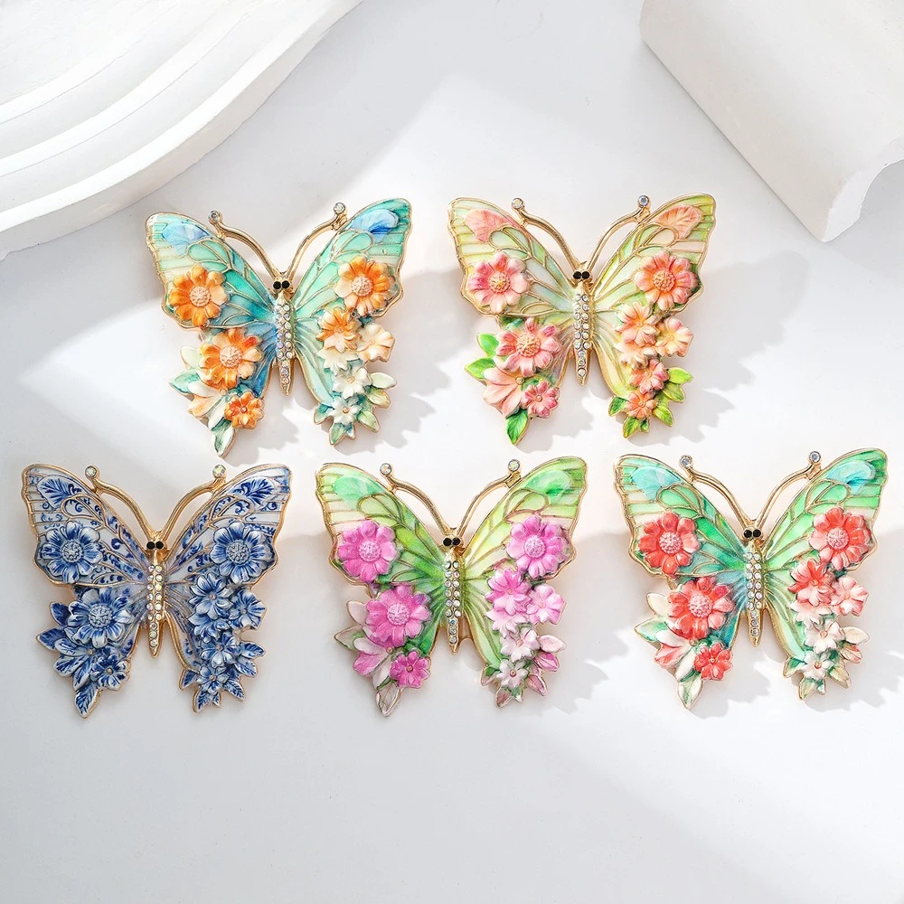 Blumenverzierte Bunte Emaille-Schmetterlings-Anstecknadel Vintage Insekten-Brosche
