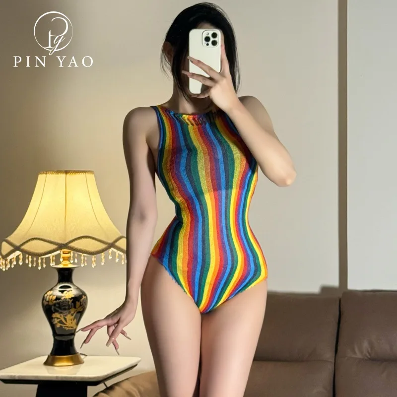 

Сексуальная цельная летняя женская рубашка в радужную полоску в бикини, красочная эротическая ночная рубашка, цельный сетчатый топ в европейском и американском стиле