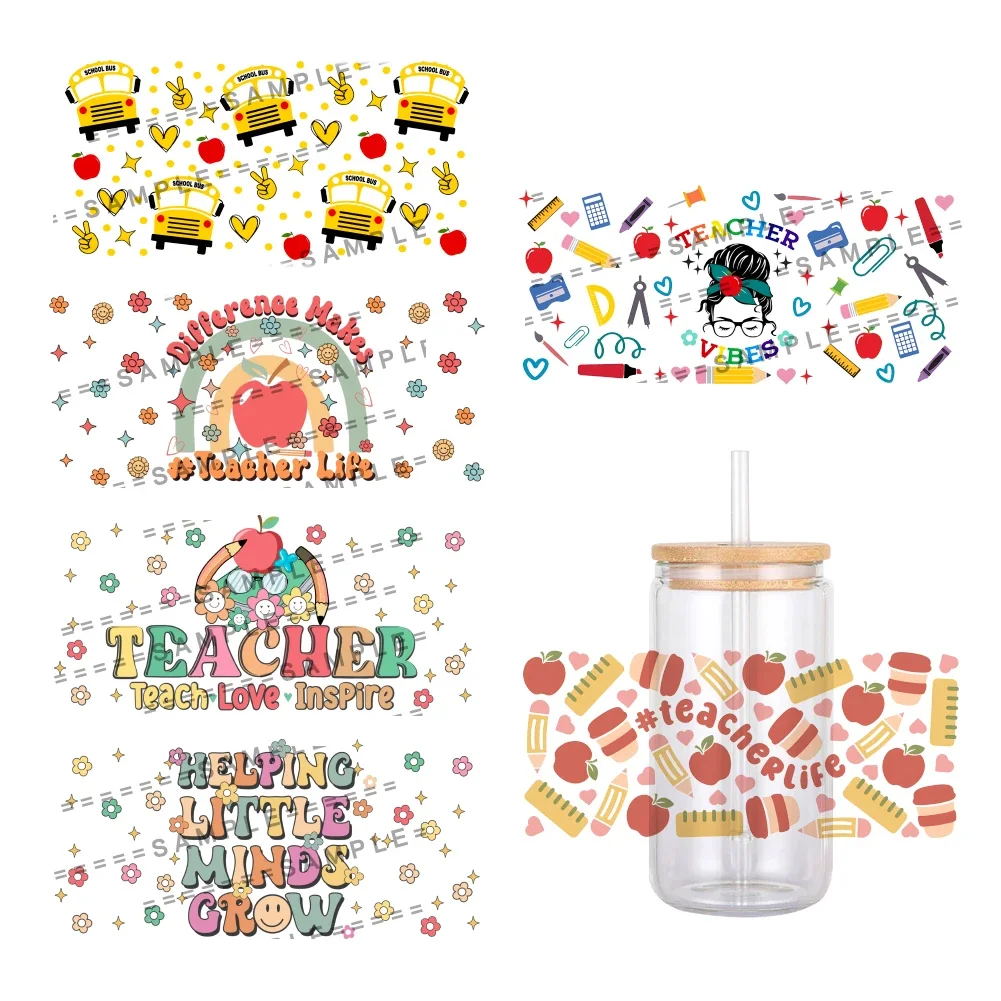 Campus Teacher Back to School Pattern UV DTF Transfer Sticker Waterproof Transfers Decals For 16oz Glass Cup Wrap Stickers