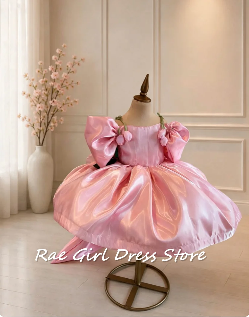 Glossy Pink Satin Flower Girl Gown Puff Bow Sleeves Handmade Tulip Decor Short Ball Gown With Small Train For Birthday