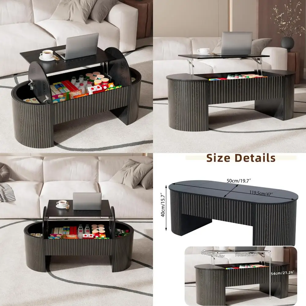 Grande mesa de centro de madeira preta de 47 polegadas com armazenamento oculto para modo de sala de estar