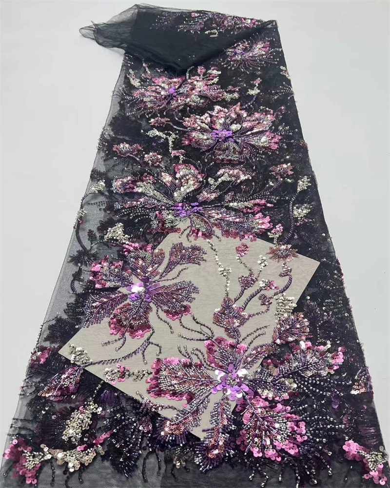 Luxuriöser afrikanischer nigerianischer hochwertiger Mesh-Netz-Spitzenstoff mit Pailletten, Perlen, französischer Tüll für Damen-Partykleider zum Nähen