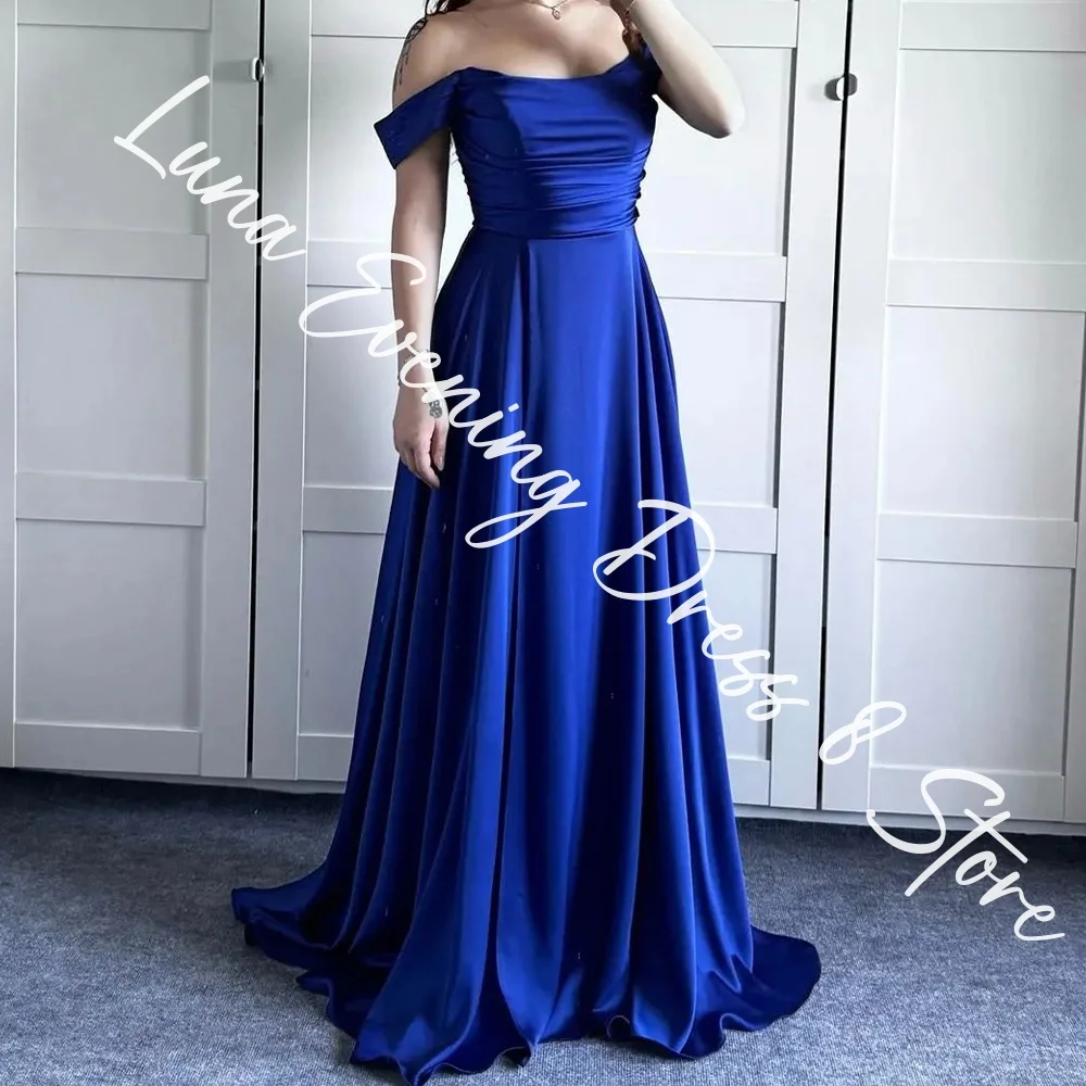 Customized Fashion Satin A-Line Off the Shoulder Evening Dresses Strapless Short Sleeves Zipper Back Panel Train Prom Dress