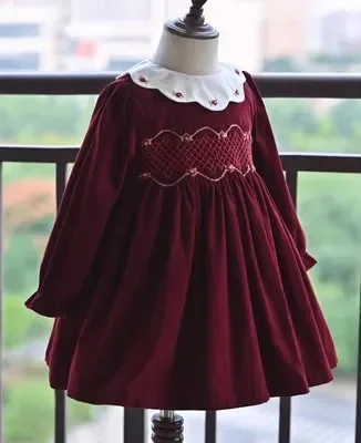 ICJAEHAO Kids Spanish Dress Girls Hand Made Smocking Red Dresses for Baby Smocked Embrodiery Clothes Children New Year Smocking